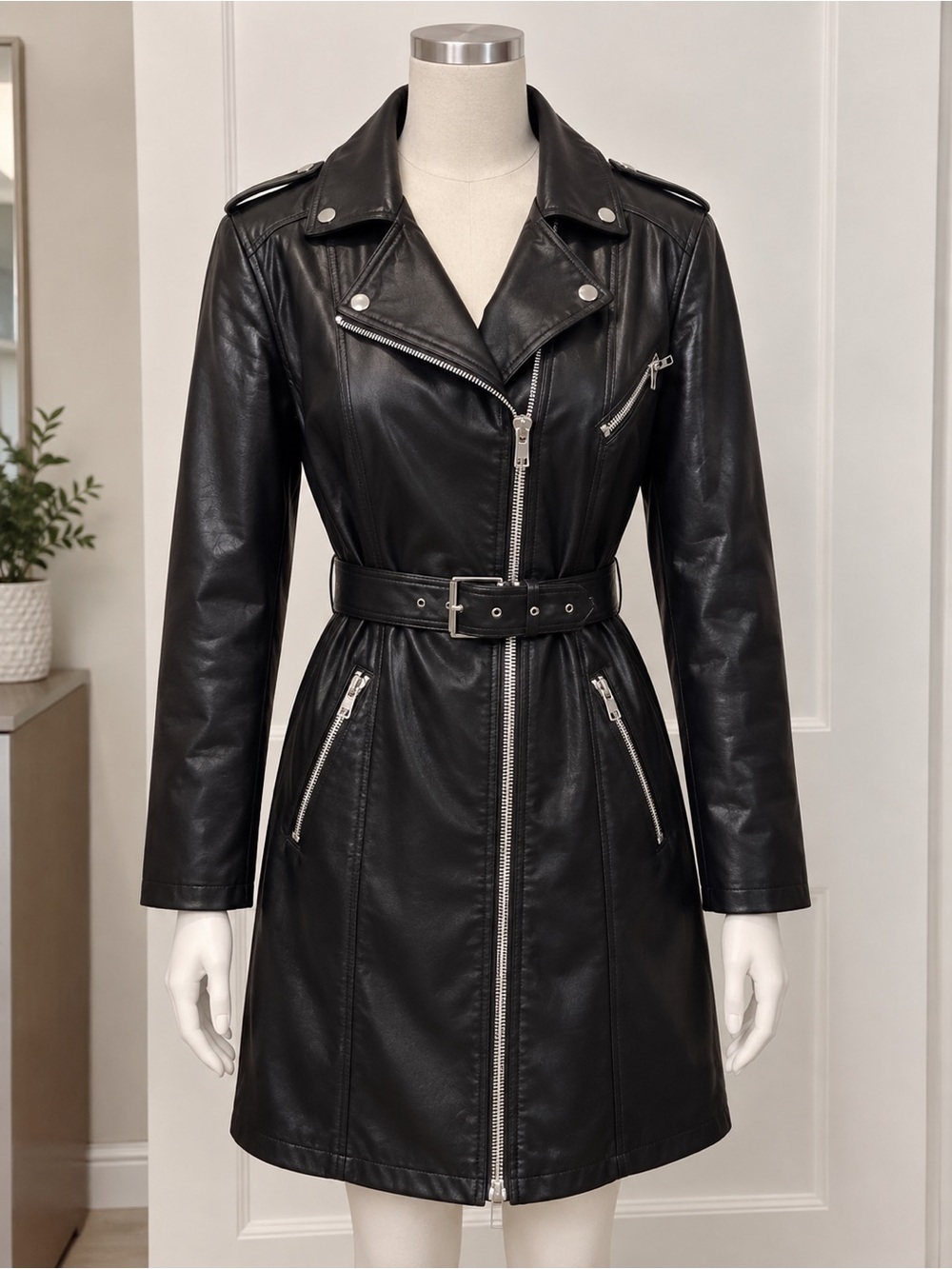 Zara Black Faux Leather Belted Moto Coat with Silver Hardware
